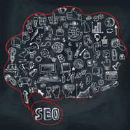 Doodle seo concept with icons in Speak bubble Chalkboard