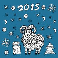 new year 2015 sheep spruce snowflakes blue background black contour