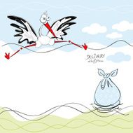 Cute card design with a stork and big bag