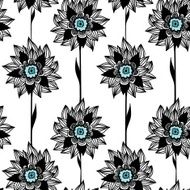 Black and white hand-drawn flowers repeat pattern