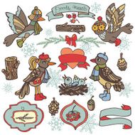 Doodle birds label ribbon wood decor Winter woodland N2