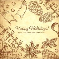 Cute Christmas hand drawn ink retro postcard with winter set