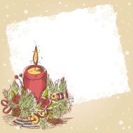 Christmas hand drawn retro postcard with cute burning candle N2