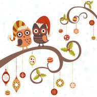 Christmas card of owls in hats sitting N2
