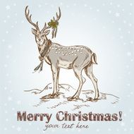 Cute Christmas hand drawn retro postcard with deer