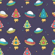 Seamless pattern with rockets and ufo