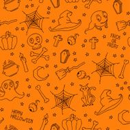 Happy Halloween Seamless pattern with pumpkins skulls spider&#039;s web ghosts