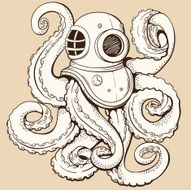 Octopus in retro deep diving suit Vector illustration