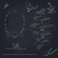 Hand drawn set of wedding wreath ribbons and flowers