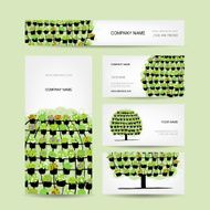 Set of cards green tree made from floral pots