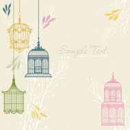 card with vintage birdcage at beige background