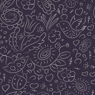 Seamless pattern outline doodles bird flowers N2