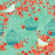 Hand Drawn Cherry Blossoms And Birds Tree Background Pattern N5