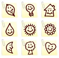 Set of happy icons on yellow post it notes