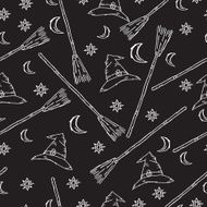 Halloween Witch&#039;s Broom &amp; Hat Seamless Pattern