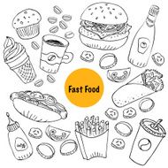 Hand drawn doodle fast food set in black and white N2