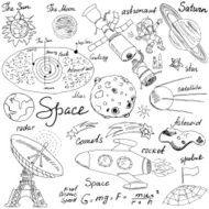 Space doodles icons set Hand drawn sketch vector illustration isolated