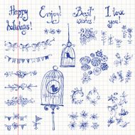 Doodle set of decoration a bird in cage flowers N5