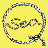 Word &quot;Sea&quot; in the circle rope frame on yellow background