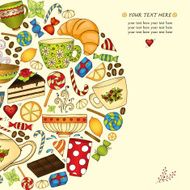 Tea coffe and sweets doodle template patern invitation N5