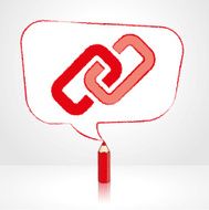 Red Pencil Drawing Digital Link Icon in Rectangular Speech Ballo