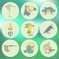 Set of hand drawn vector retro cartoon birds on flat N2