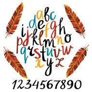 Hand drawn alphabet numbers watercolor feathers