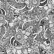 Seamless asian floral doodle black and white pattern in vector