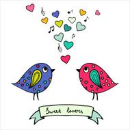 Two colorful birds hand-drawn with hearts and notes