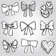 Vector set bows hearts cupcakes sketch contour pen black white