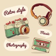 Set of retro items Camera headphones audio cassette Vector