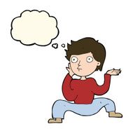 cartoon boy doing crazy dance with thought bubble N11
