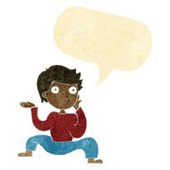 cartoon boy doing crazy dance with speech bubble N10