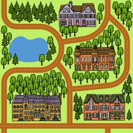 Vector seamless map with townhouses lake and trees