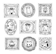 Set picture frames with animals portrait hand drawn vector illustration N12