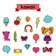 Set of decorative design elements kawaii doodles N3