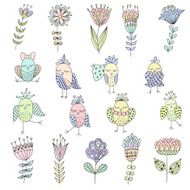 Set of cute birds in different actions with flowers N4