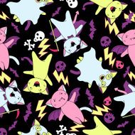 Vector kawaii pattern of Halloween cats and creatures N2