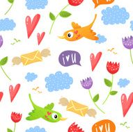 Romantic seamless pattern with birds hearts flowers clouds s N2