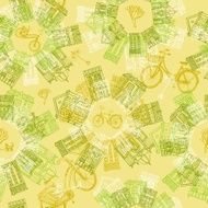Hand drawn seamless pattern with old houses and cycles