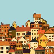 Panoramic old town seamless pattern orange and green vector