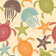 Vector Seamless Pattern with Turtles Starfishes and Jellyfishes