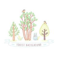 Kids drawings doodle style forest background with trees birds bunny