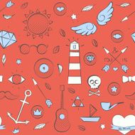 Sea doodle seamless hipster pattern over red