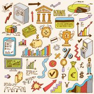 Banking and finance colorful doodle set Hand drawn Vector illustration