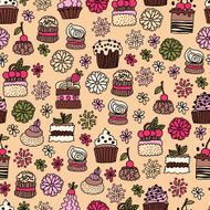 Seamless pattern of hand drawn doodle cakes desserts