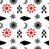 Seamless pattern with clouds rain drops sun snowflakes stars