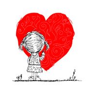 Girl draws red heart valentine card sketch for your design