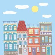 Cute cartoon vector hand drawn town in bright sunny day