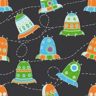 Cute cartoon hand drawn ufo seamless pattern on dark background
